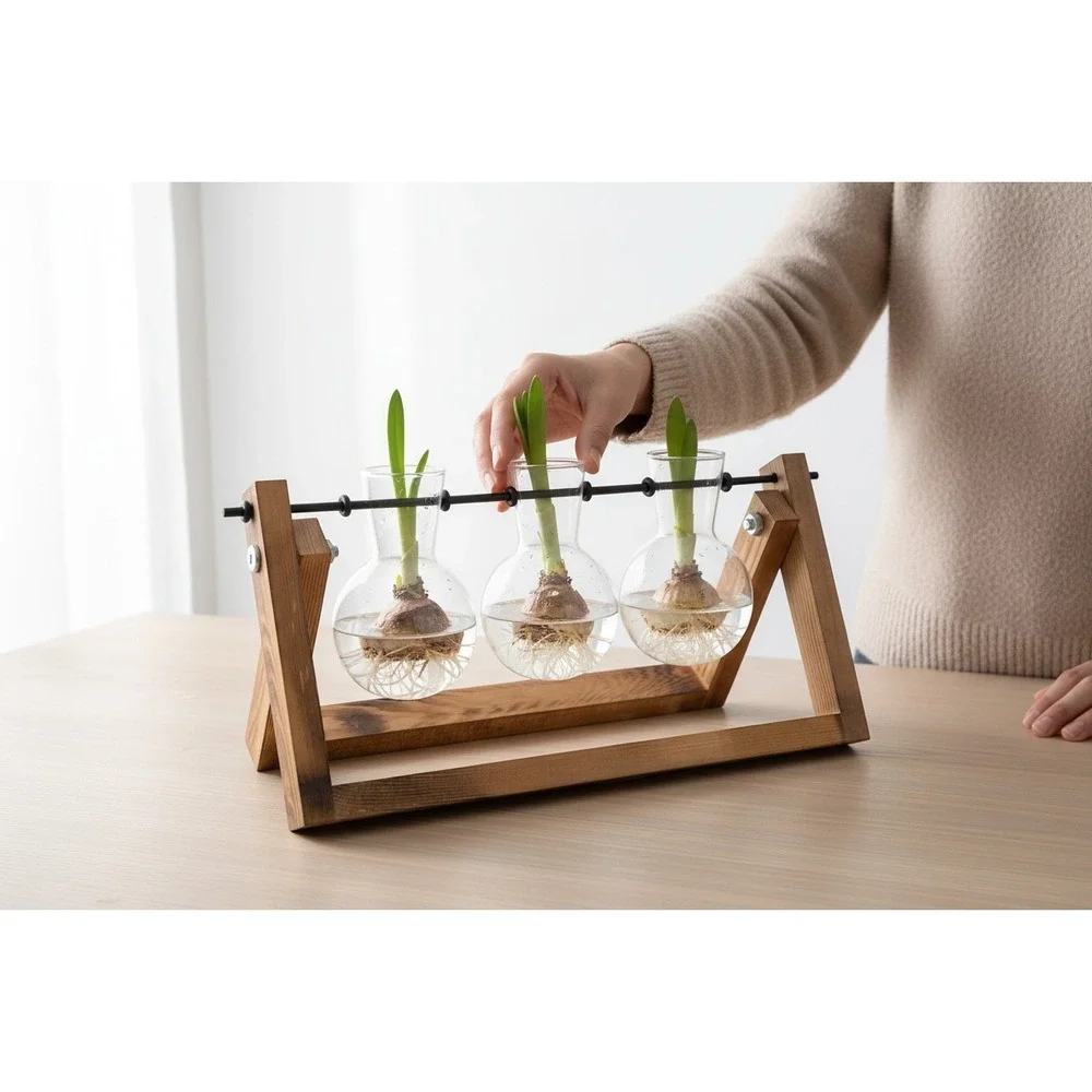 Plant Propagation Station 3 Bulb Glass Vases Burnt Wood Stand Terrarium